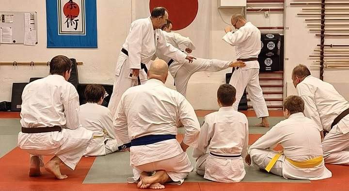 Vuxna utövare tränar Ju-jutsu Kai i dojon