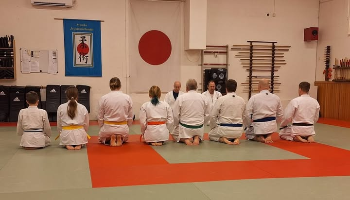 Utövare sitter i seiza på mattan inför träningens början